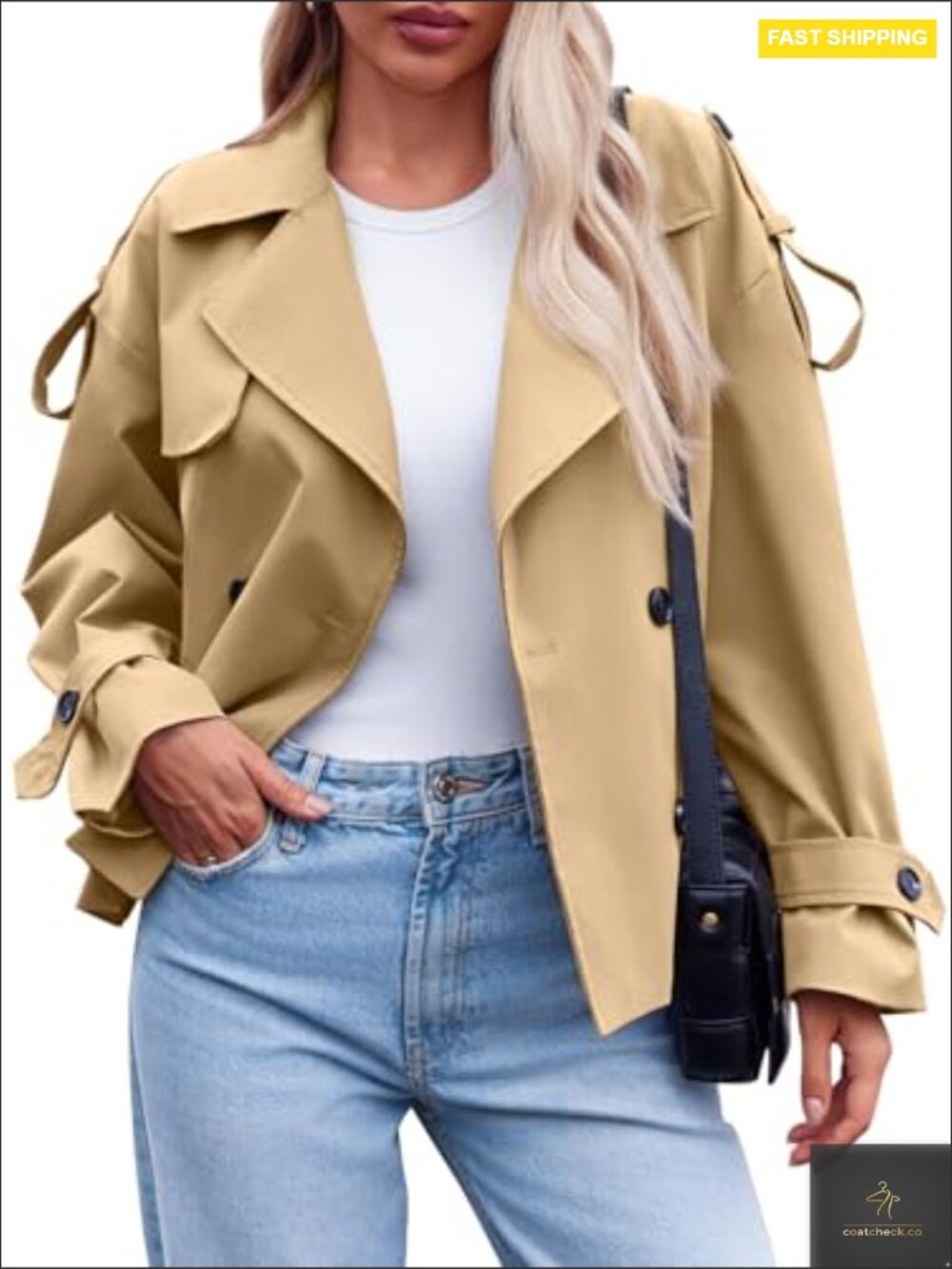 Cropped Trench Coat Double Breasted Short Jacket Windproof Belted Fall Fashion - Picture 6 of 7